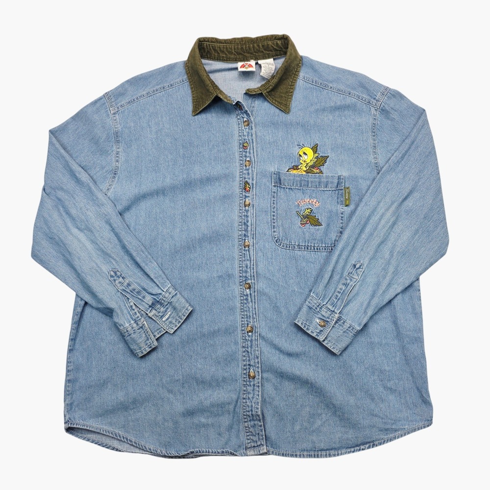 Vintage Looney Tunes Tweety Bird Denim Shirt Corduroy Collar Light Wash Large